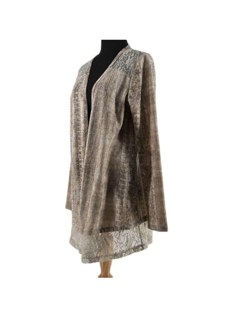 Joseph Ribkoff cardigan taupe gold lace open front pattern stretch unique sz 8 - Picture 3 of 11